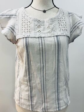 Cotton Summer Blouse Cap Ruffle Sleeves Blue& White Striped Boxy Fit